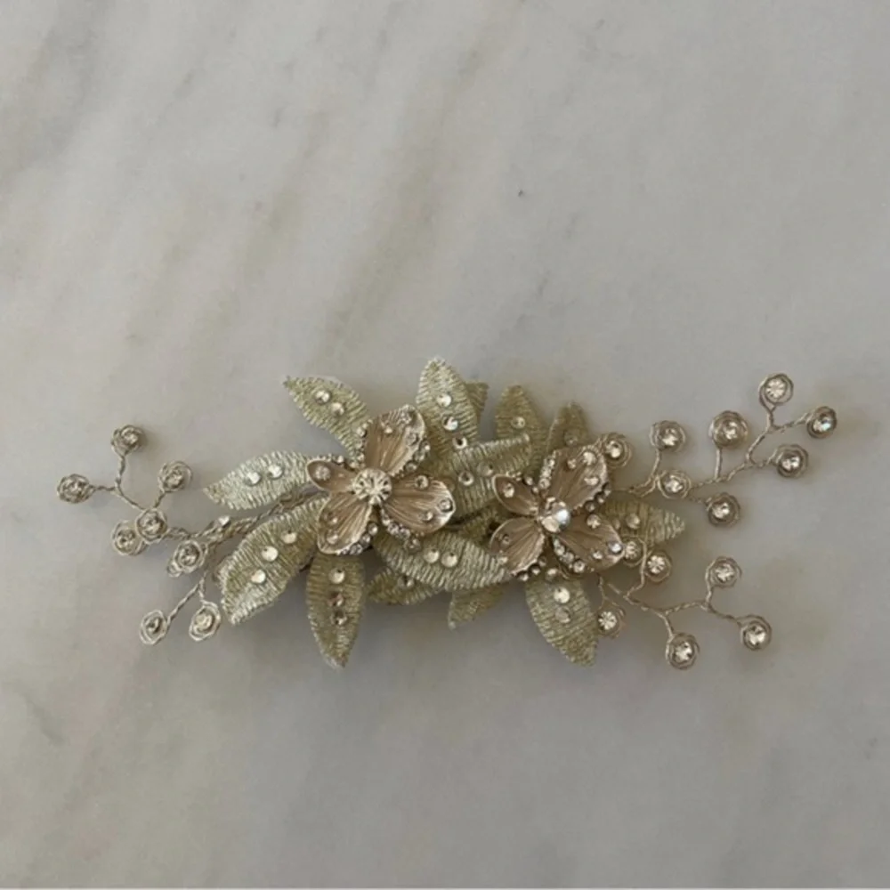 Wedding Hair Clip with Crystals, Metallic Flowers & Leaves​​​​